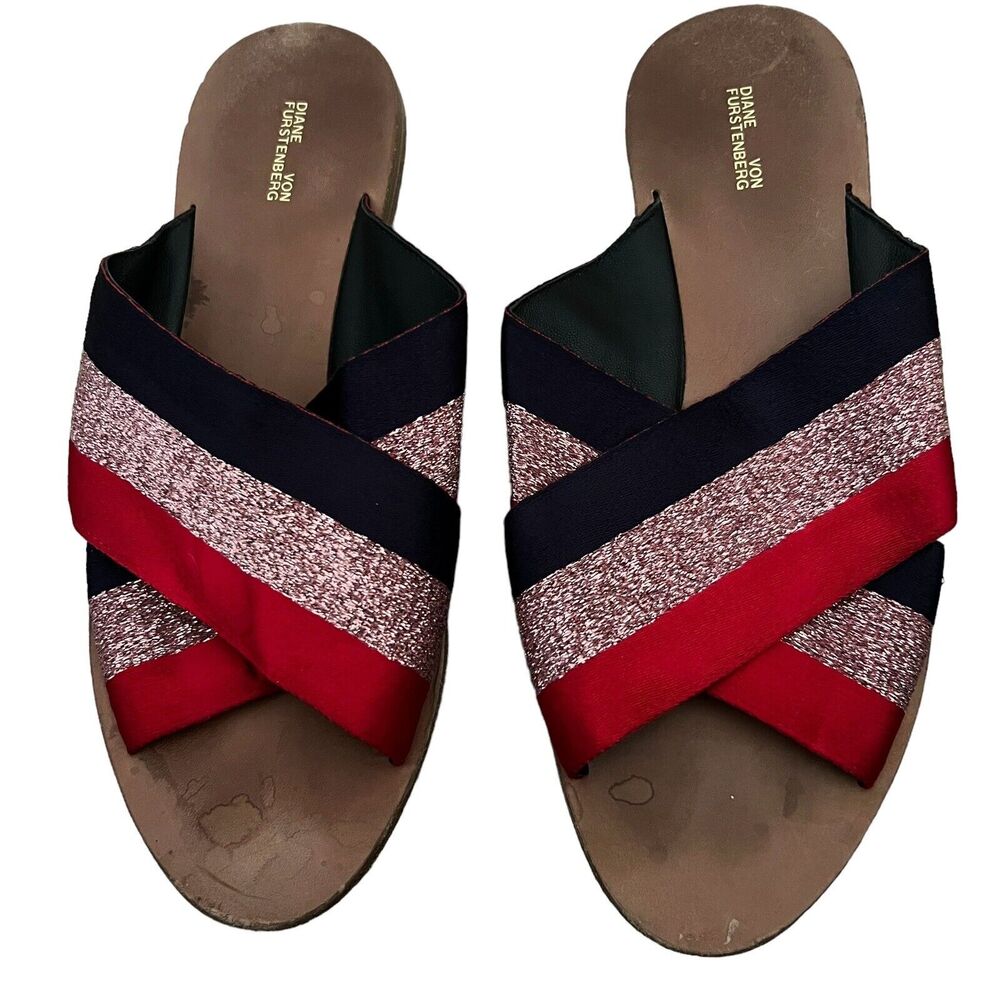 🌵 Diane von Furstenberg Bailie Metallic Red Blue Slip-On Flat Sandals - Size 7.5 - Picture 5 of 9